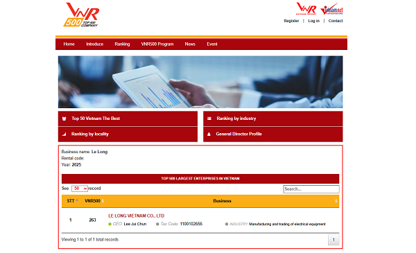廣隆越南子公司(LE LONG 利隆)名列2025年越南全國企業第263名